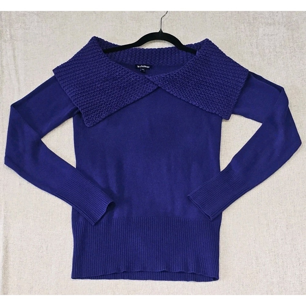 VTG Le Chateau Sweater Sz M Purple Open‎ Cowl Neck Long Sleeve Pull Over Casual